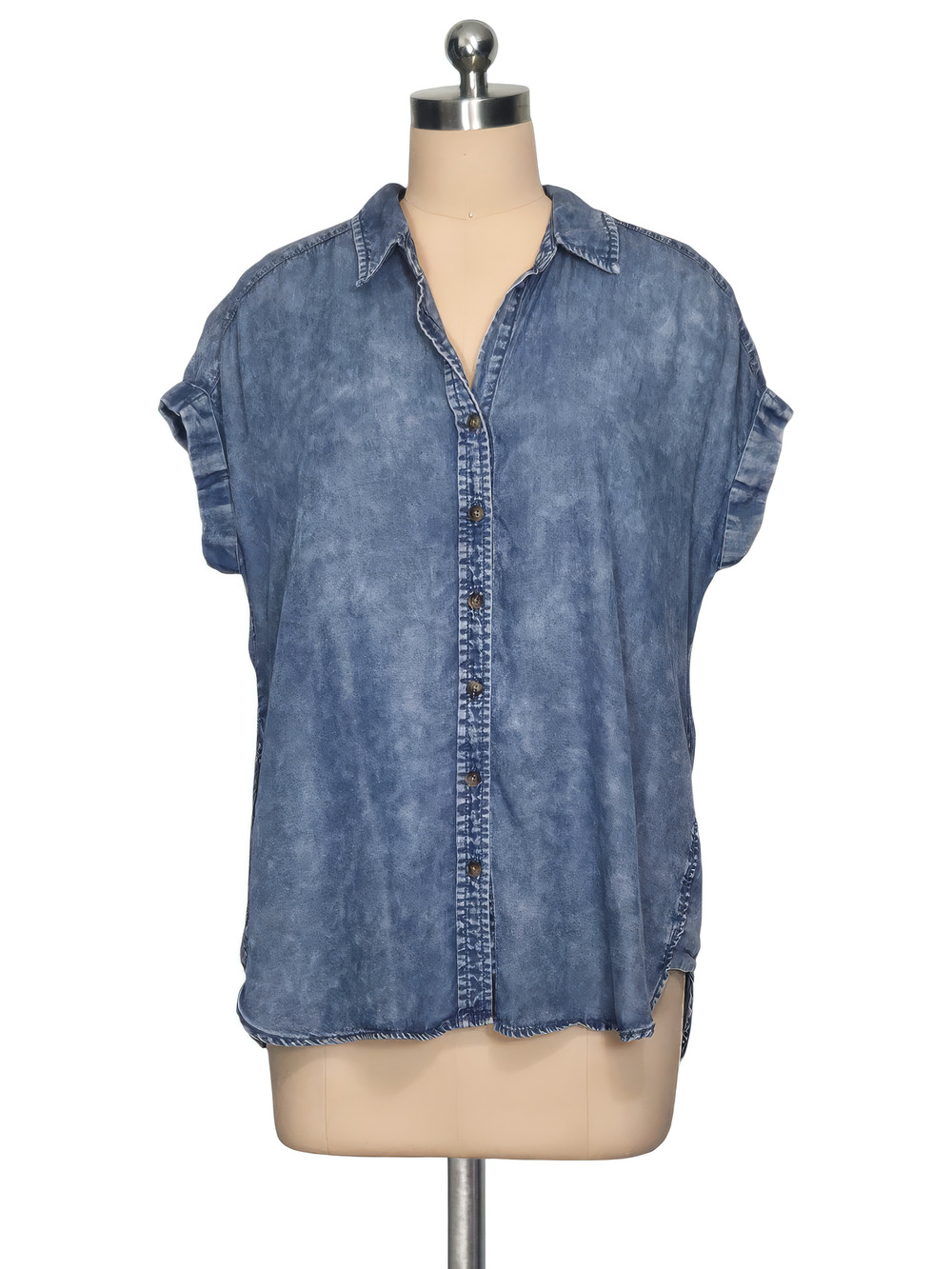 Jane and Delancey Blue Lyocell Short Cuffed Sleeve Button Up Blouse Shirt M
